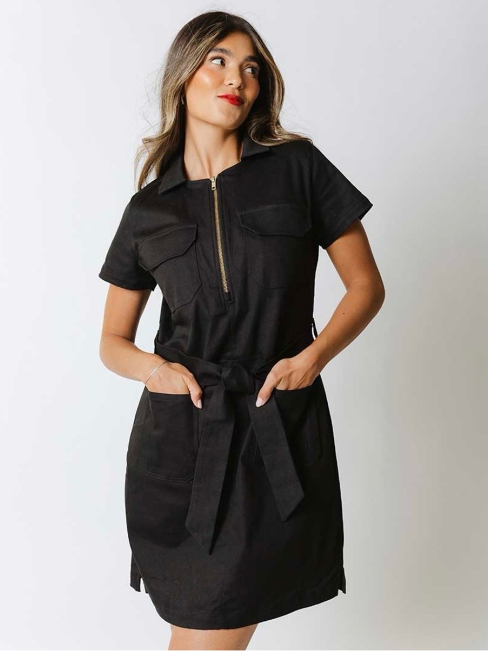Albion Black Short-Sleeve Zip Front Tie-Waist Hamptons Mini Dress